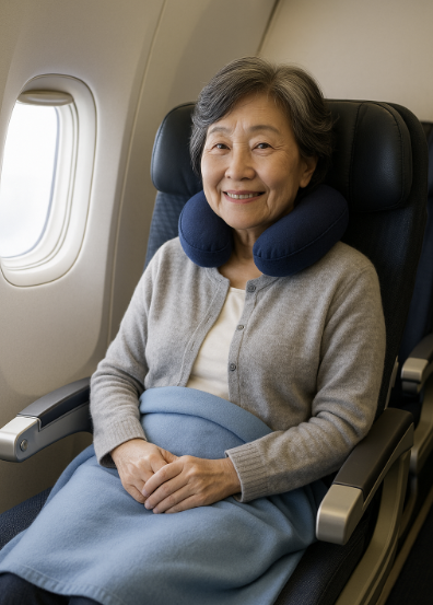 비행기 좌석에 앉아서 웃고 있는 어르신