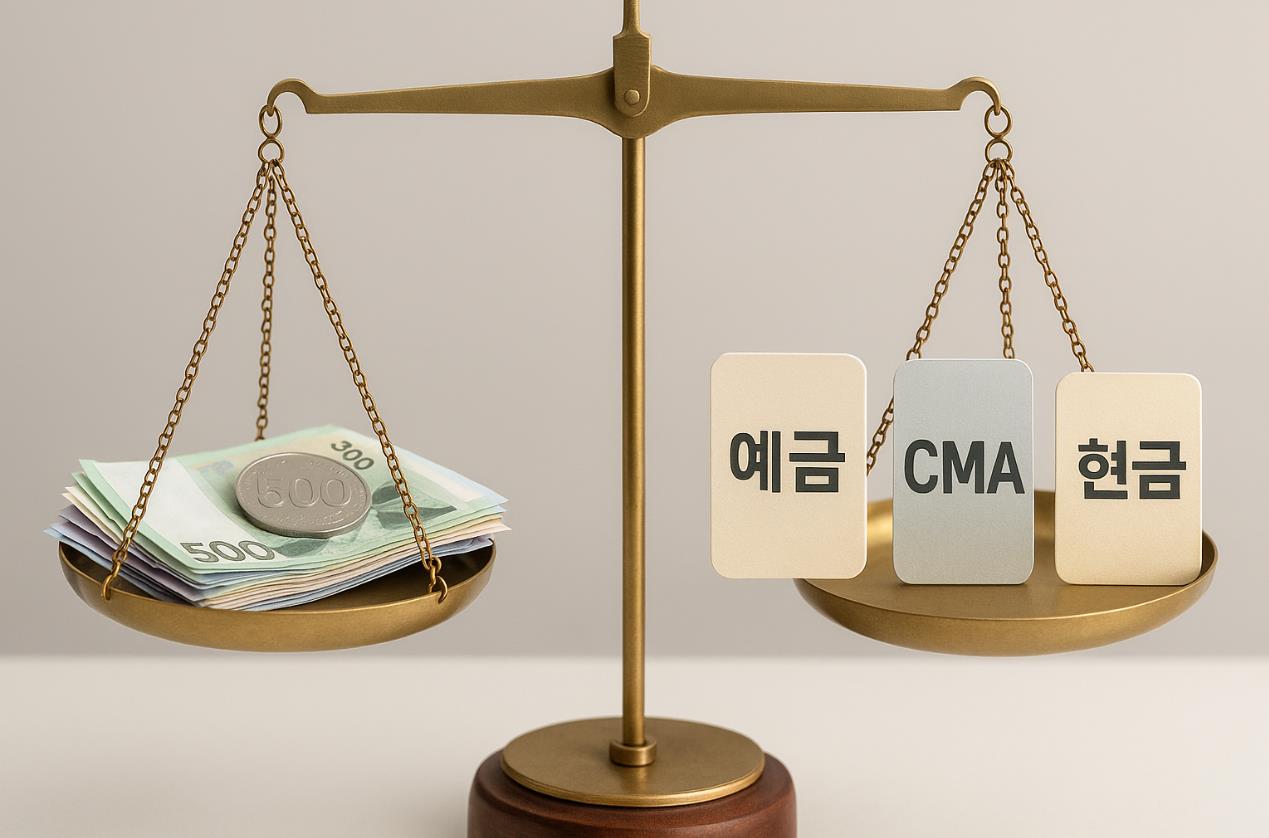 저울 위에서 현금과 예금·CMA·현금을 비교하며 비상금 보관 방식을 상징적으로 표현한 이미지