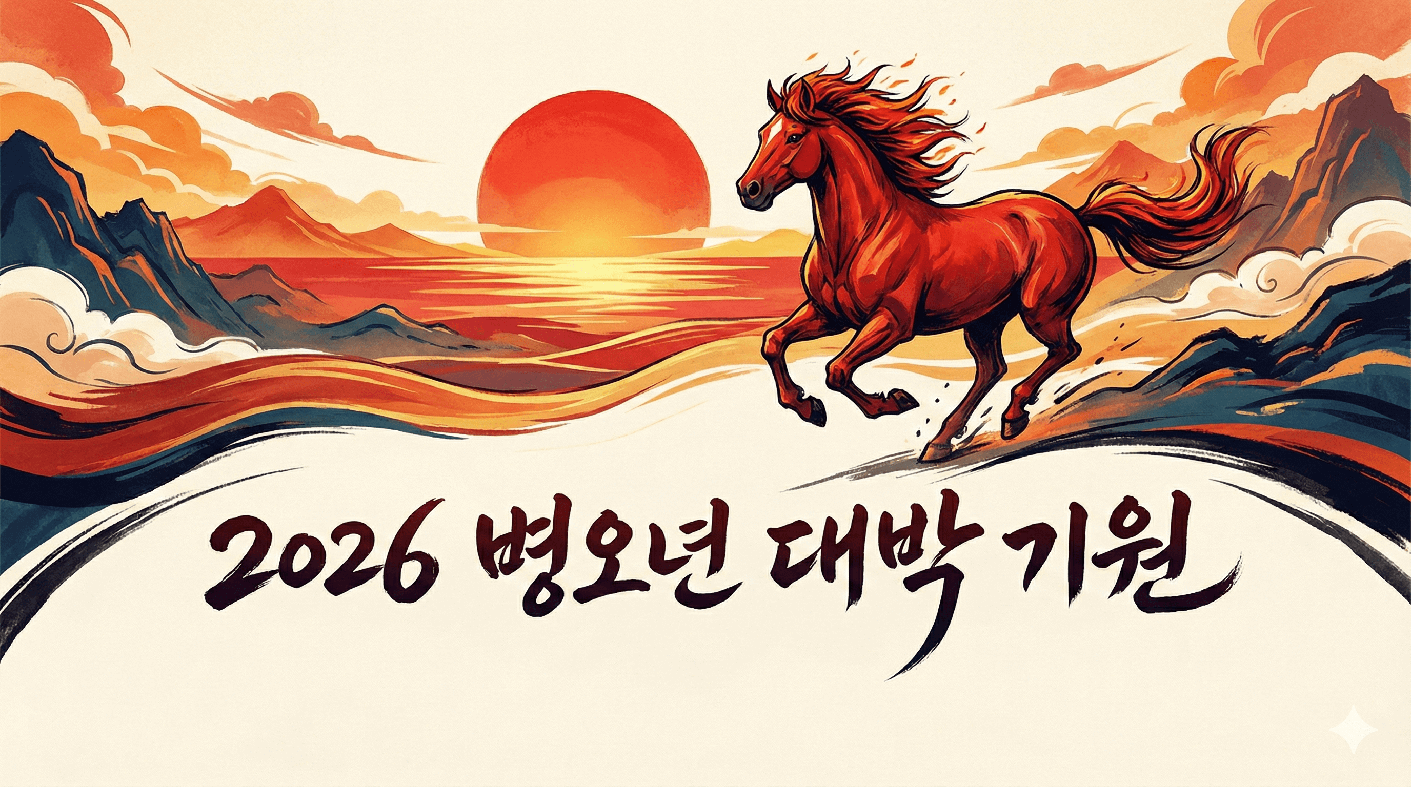2026년 병오년 붉은 말띠해를 상징하는 일러스트와 신년운세 타이틀