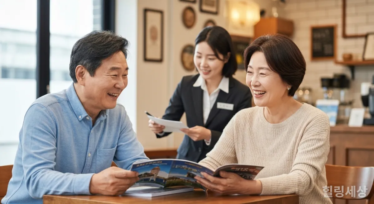 카페에서 여행 브로슈어를 보며 대화하는 한국인 X세대 부부의 모습