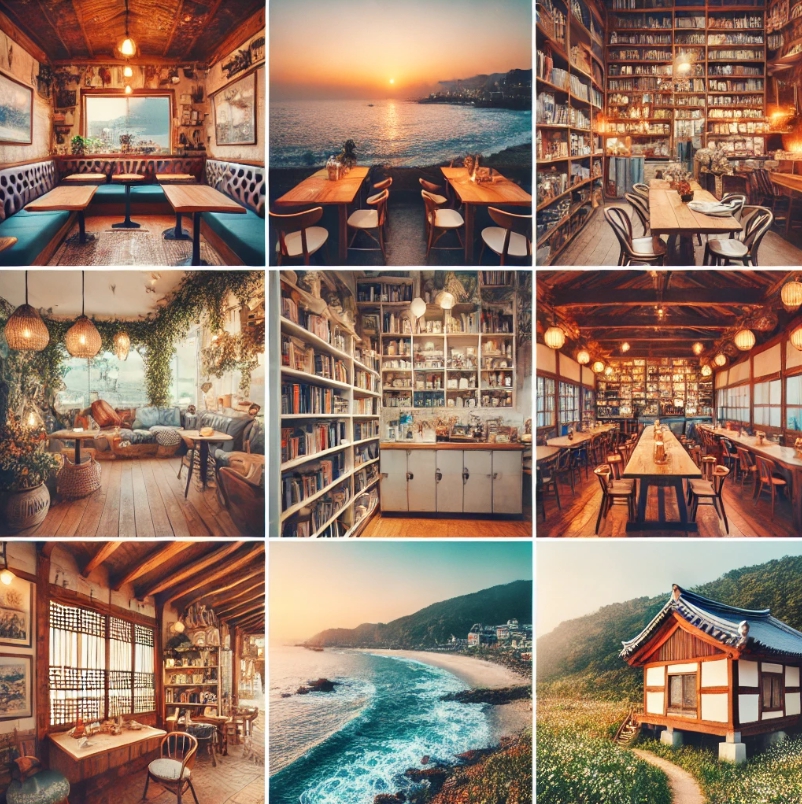 한국의 다양한 테마 카페가 어우러진 아름다운 콜라주. 따뜻한 조명과 책장이 있는 아늑한 서울의 카페, 멋진 바다 전망을 자랑하는 부산의 바닷가 카페, 무성한 녹지로 둘러싸인 제주의 자연에서 영감을 받은 카페, 전주의 전통 한옥 스타일 카페 등이 이미지에 담겨 있습니다