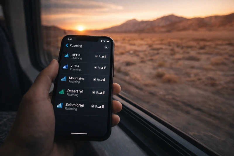 달리는 열차 창가에서 스마트폰을 든 손 너머로 사막과 산악 지형이 지나가고, 화면에는 여러 현지 통신사의 로밍 신호가 모두 강하게 잡히는 모습