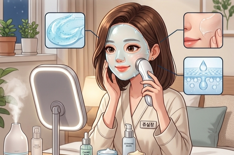 진정 젤과 마스크팩을 활용해 홈케어 피부 관리기기로 피부 장벽 수분 케어를 진행하는 모습
