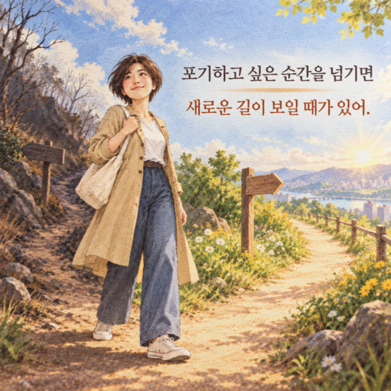 포기하고 싶은 순간을 지나면 새로운 길이 보일 수 있다는 응원 글귀