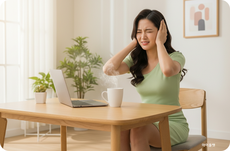 귀 먹먹함과 이명으로 불편해하는 여성