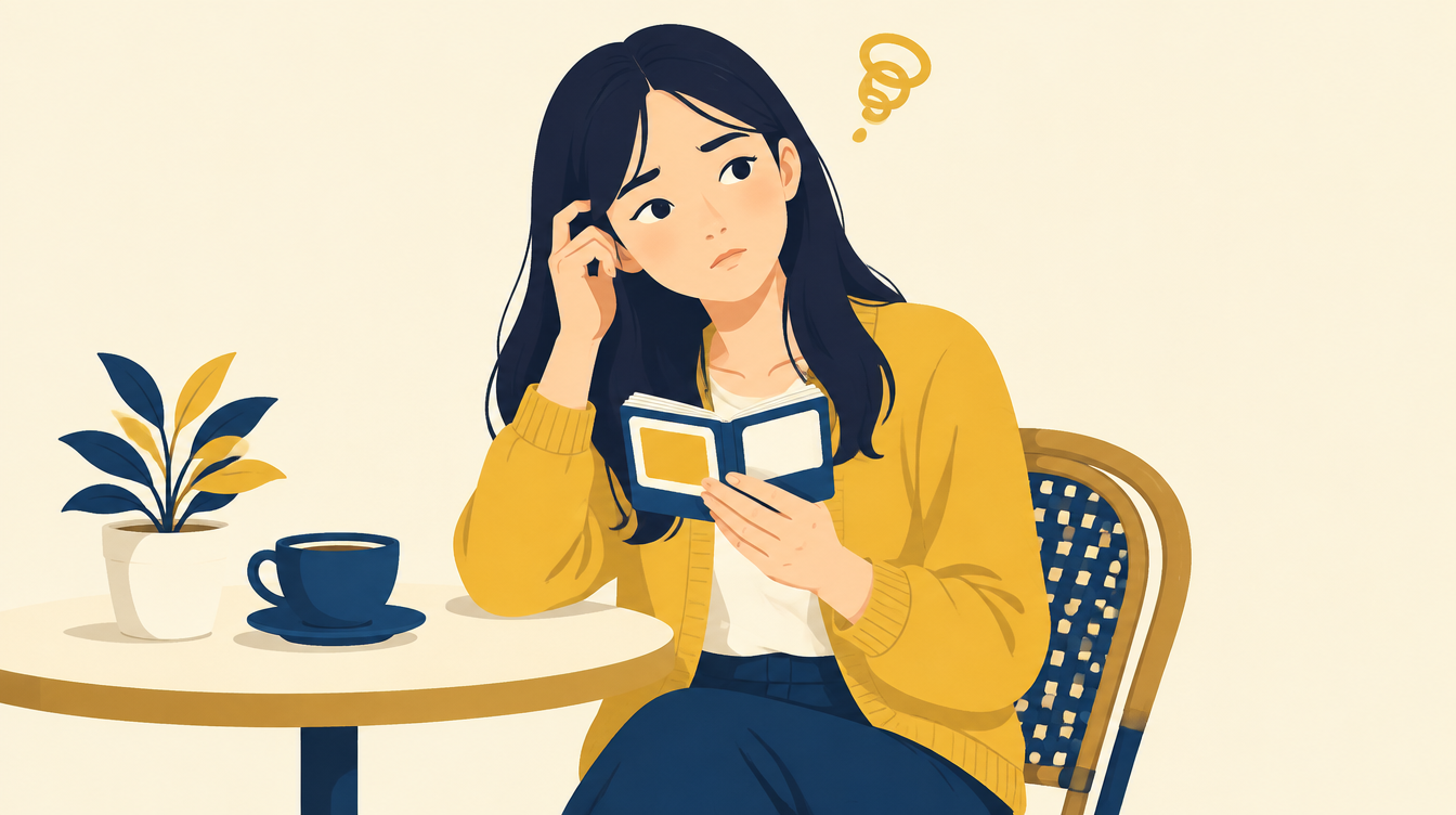 외운 내용을 다시 보며 기억이 흐릿해진 것을 느끼는 일상 장면