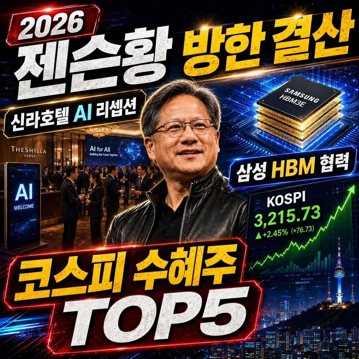 젠슨황 방한 결산 &mdash; 신라호텔 AI 리셉션 발표 내용&middot;내일 코스피 수혜주 TOP5&middot;삼성 HBM 협력 총정리 2026