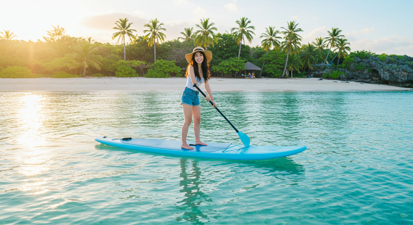 미야코지마 해변에서 패들보드를 타는 한국인 여행객