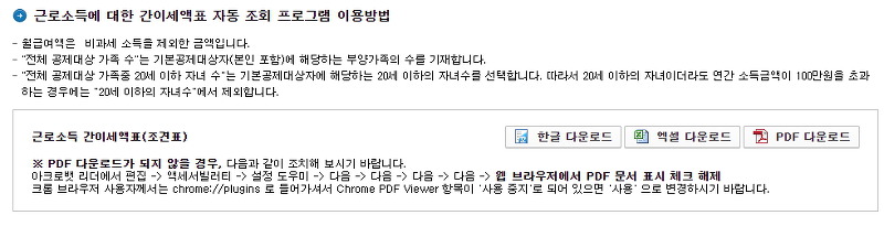 근로소득 간이세액표 다운로드 옵션