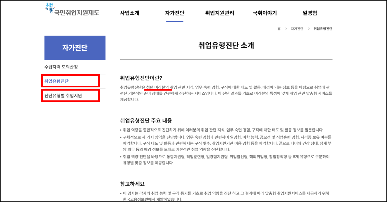 국민취업지원제도 청년 취업유형 진단