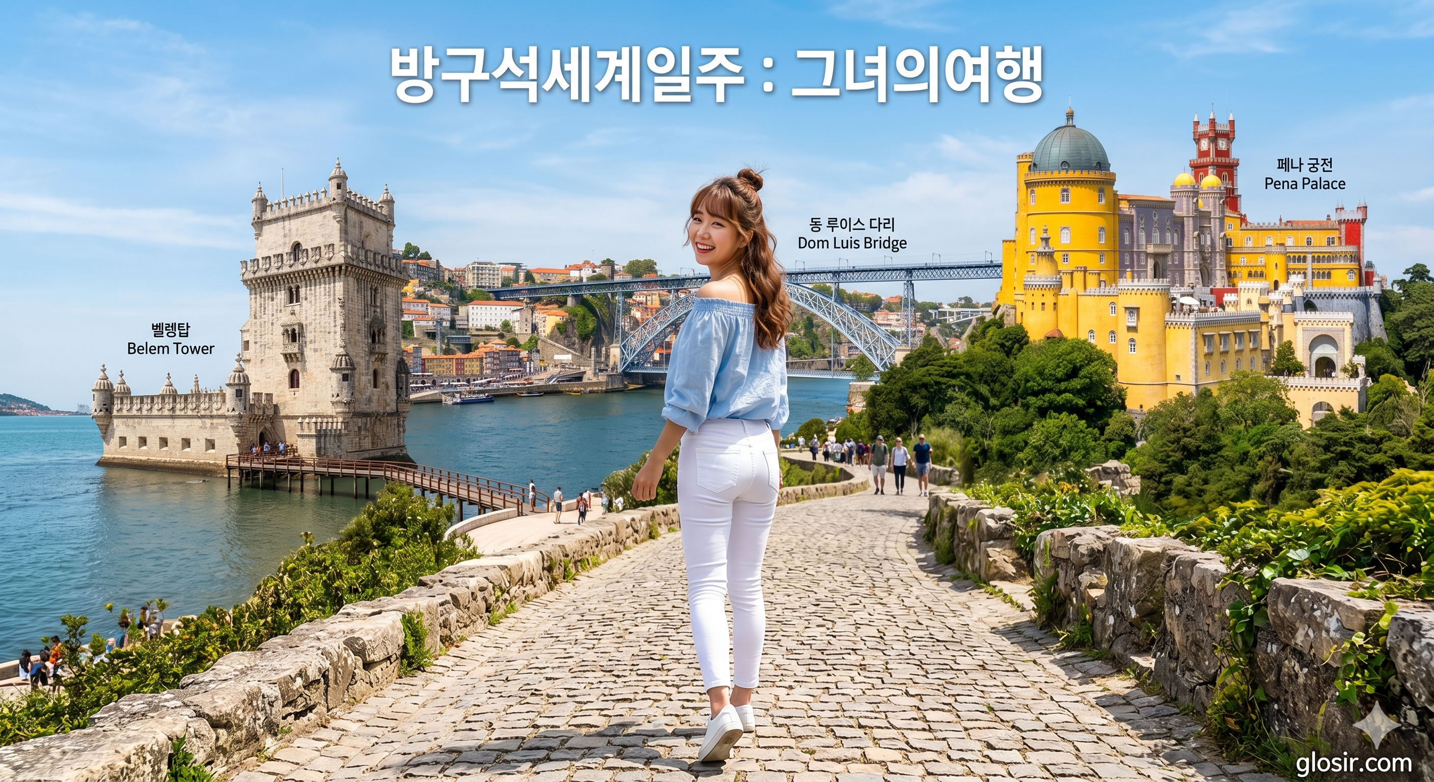 화면 중앙에 하늘색 오프숄더 톱과 화이트 청바지를 입고 뒤돌아보며 밝게 웃는 한국 여성. 배경에는 포르투갈의 대표 명소인 페나 궁전(Pena Palace), 벨렝탑(Belem Tower), 동 루이스 다리(Dom Luis Bridge)가 자연스럽게 어우러져 있으며 각 명소에 한글과 영문 라벨이 적혀 있습니다. 상단에는 '방구석세계일주 : 그녀의여행', 우측 하단에는 'glosir.com' 문구가 포함된 화창한 날씨의 합성 여행 사진입니다.