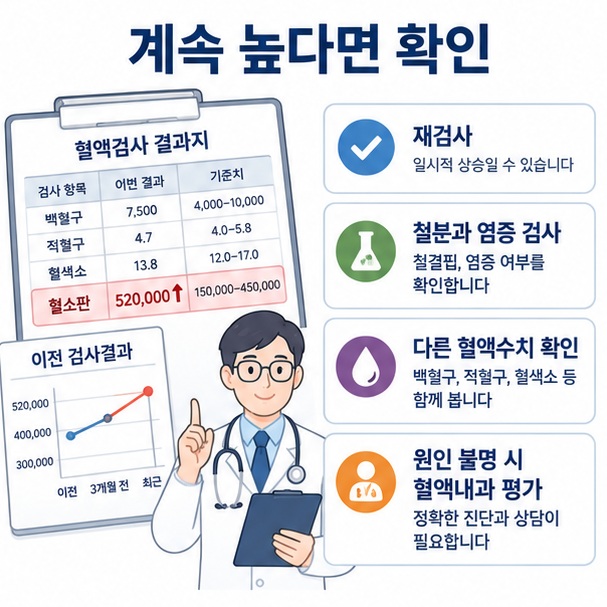 혈소판 수치가 계속 높을 때 재검사와 철분, 염증, 다른 혈액수치를 확인하고 필요하면 혈액내과 평가를 받는 과정을 정리한 이미지