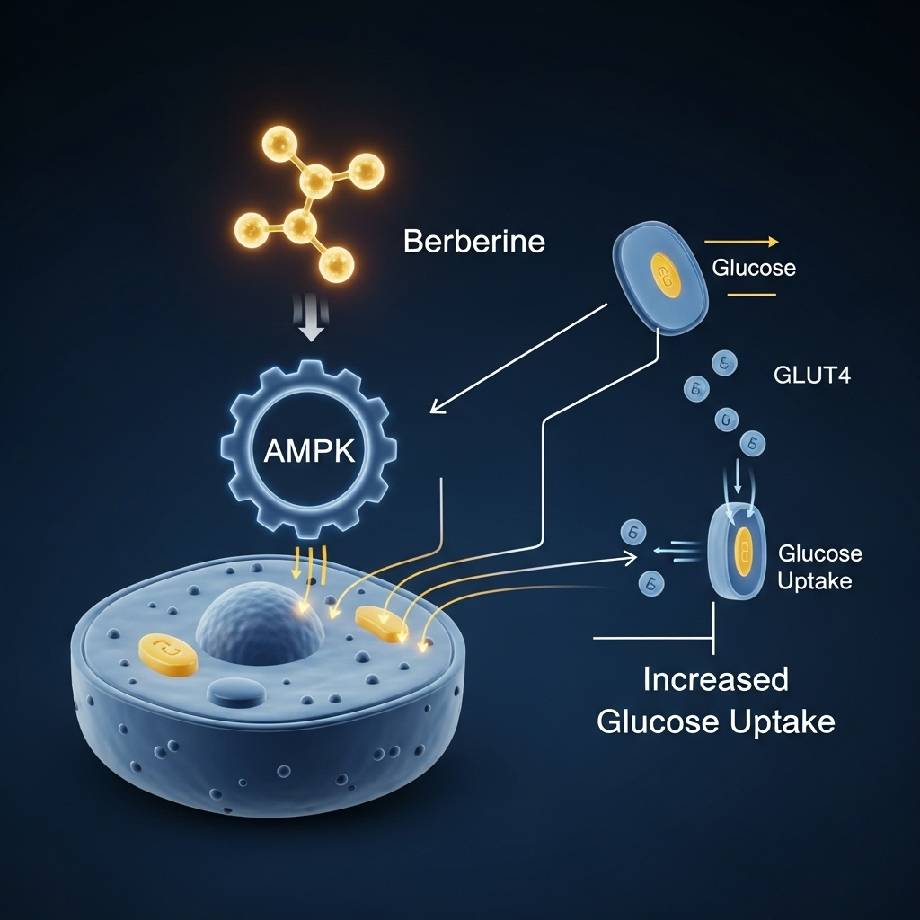 베르베린이 AMPK 효소를 활성화시켜 세포의 포도당 흡수를 돕는 과정을 보여주는 세련된 인포그래픽