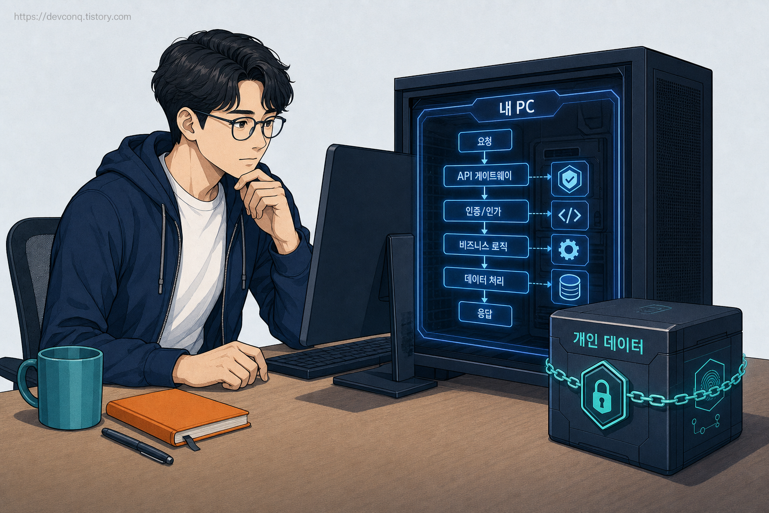 로컬 PC 경계 안의 API와 잠긴 개인 데이터 상자를 점검하는 고정 2D 남성 개발자