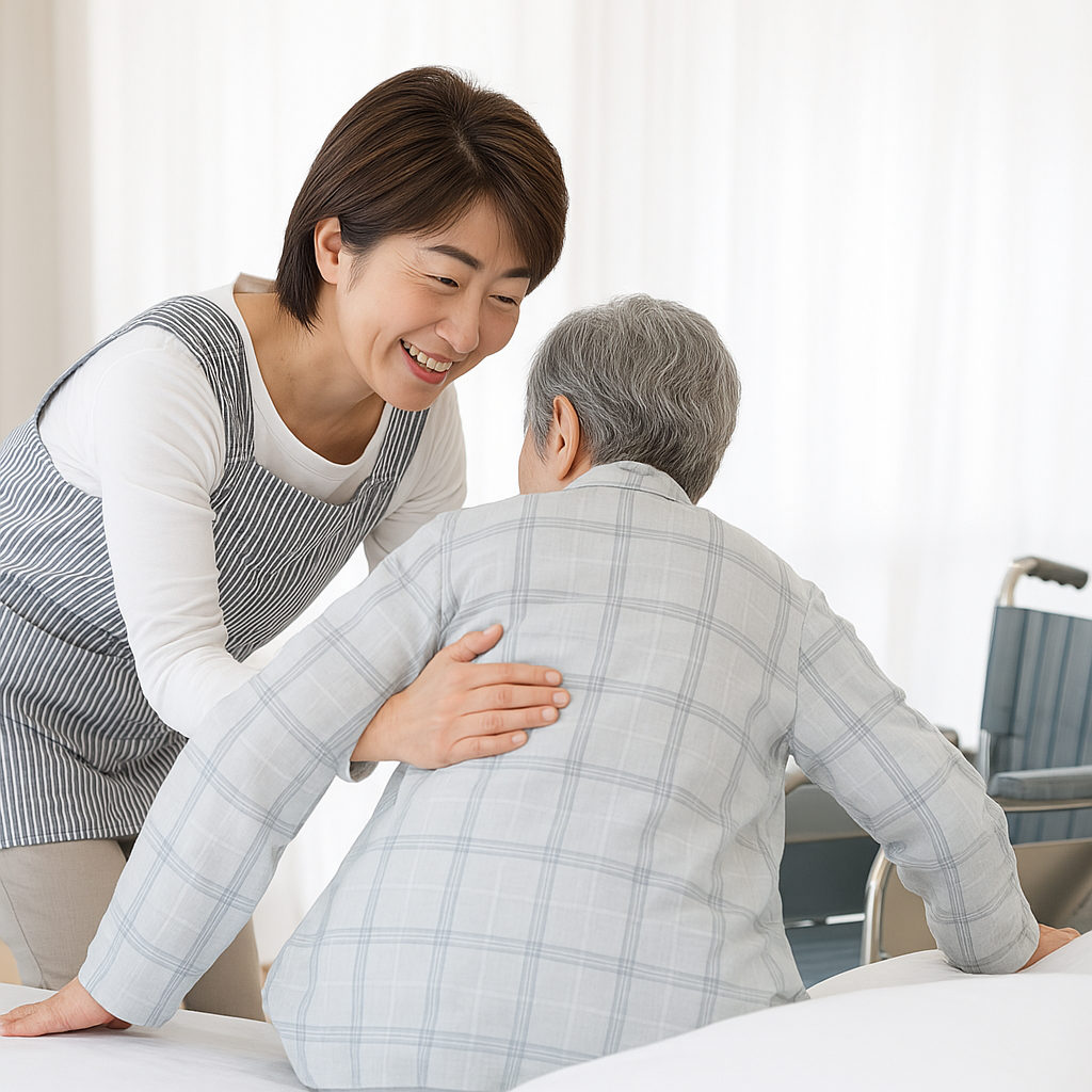 밝은 실내에서 스트라이프 앞치마를 입은 요양보호사가 휠체어에 앉은 어르신의 어깨를 부드럽게 감싸며 다정하게 웃고 있는 모습