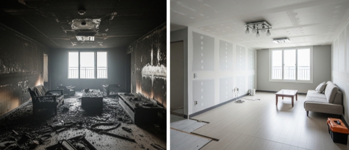 아산시 화재청소 작업 전후 모습 비교