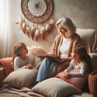 할머니가 아이들에게 꿈에 대한 이야기를 해주는 모습입니다. 아이들은 집중해서 듣고 있습니다.