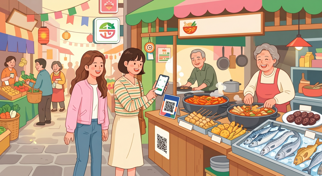 수원 남문시장 가맹점에서 수원페이 스마트폰 앱으로 결제하는 실제 사용 예시