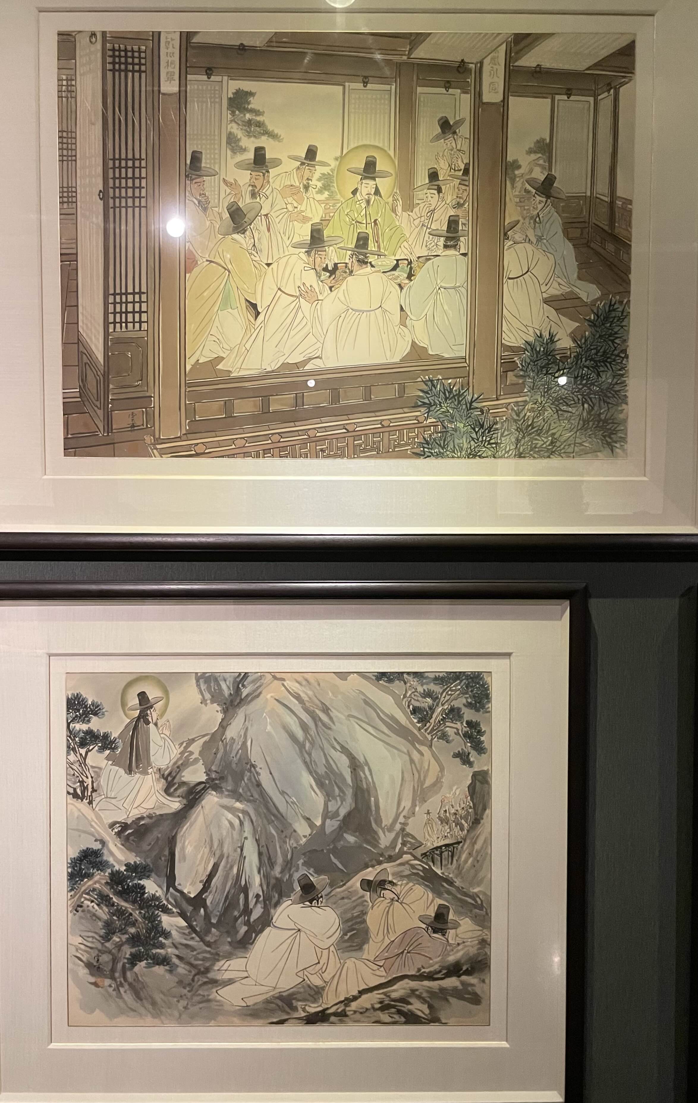 김기창 - 예수의 생애 : 19. 여인, 예수의 발을 씻음, 20. 예루살렘 입성. (1952-1952, 비단에 채색)