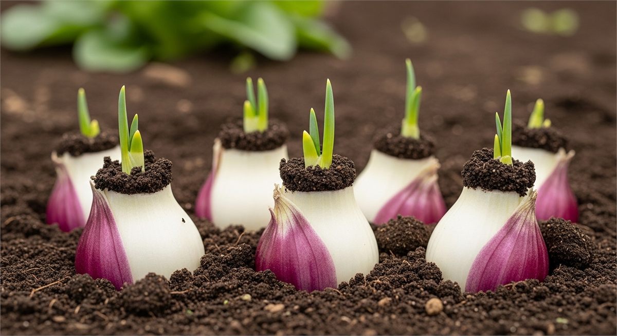 흙을 얕게 덮어 쪽파를 심는 깊이를 보여주는 장면 