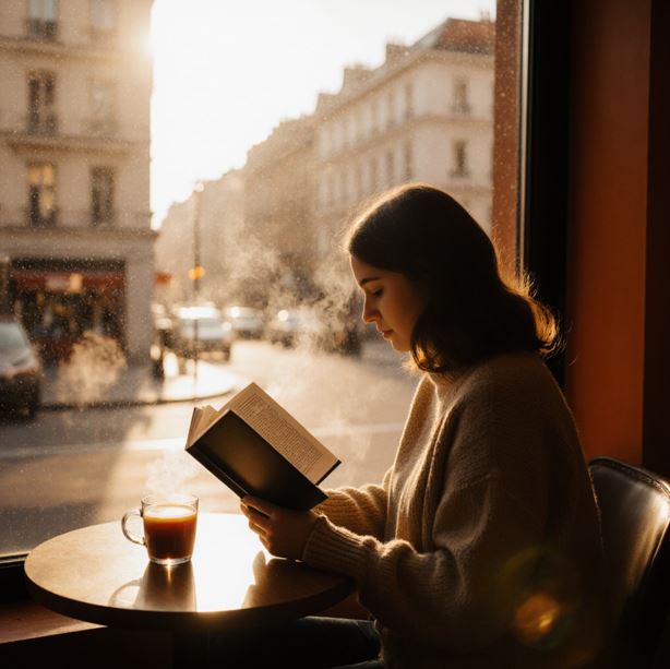 큰 창문으로 들어오는 햇빛을 받으며 편안한 옷차림의 사람이 책에 집중하고 있고 테이블 위에 김이 올라오는 따뜻한 음료가 놓여있다.