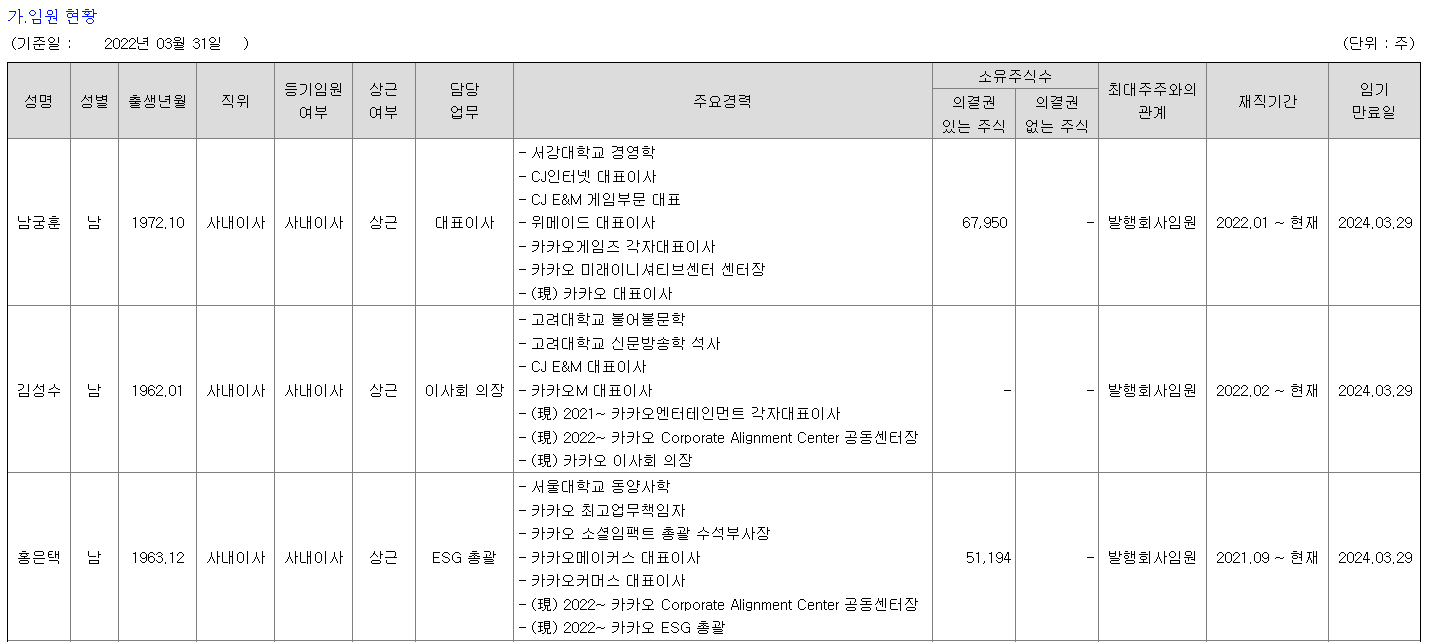 카카오 임원 현황