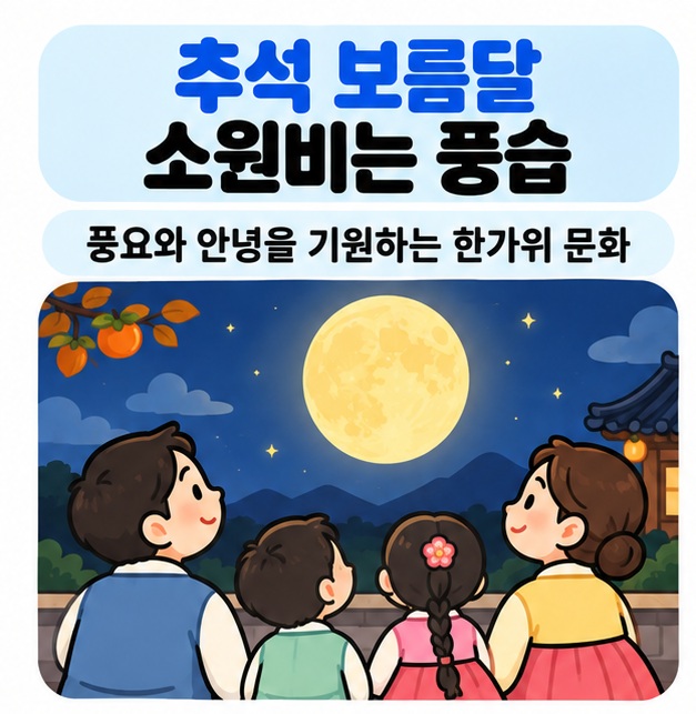 추석 보름달 소원비는 풍습을 한가위 밤 가족이 둥근 달을 바라보며 소원을 비는 모습으로 표현한 카드뉴스
