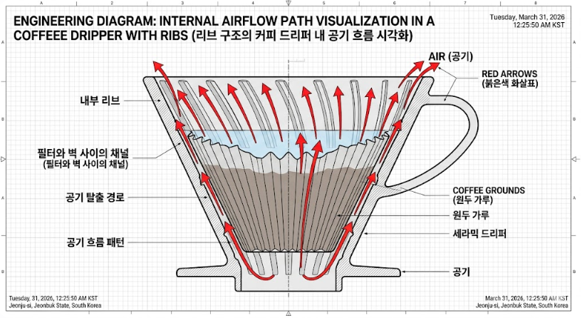 커피 드리퍼 내부 리브(Rib) 구조와 공기 흐름을 시각화한 공학적 다이어그램. 붉은색 화살표가 필터와 벽면 사이의 채널을 통해 이산화탄소가 배출되는 경로를 과학적으로 설명함.