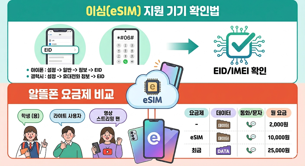 eSIM 지원 기기 확인법과 알뜰폰 요금제를 비교하는 가이드 이미지. 상단에는 아이폰과 갤럭시의 EID 확인 설정 경로와 *#06# 다이얼 입력법이 설명되어 있고, 하단에는 학생, 라이트 사용자, 영상 스트리밍 팬을 위한 맞춤형 알뜰폰 요금제 비교표가 포함되어 있음.