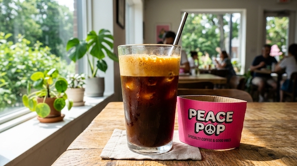 iced americano with pink sleeve