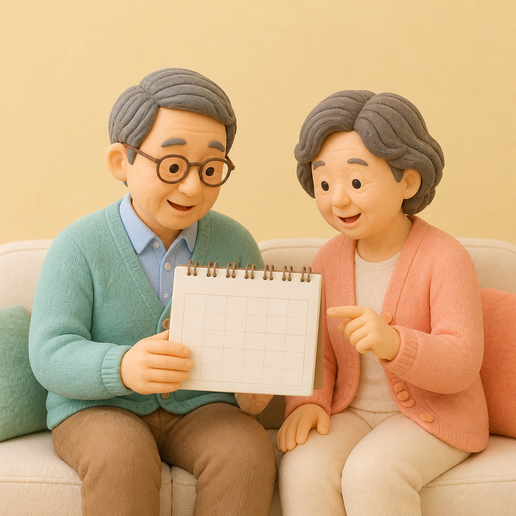 거실 소파에서 달력을 함께 보는 60대 부부