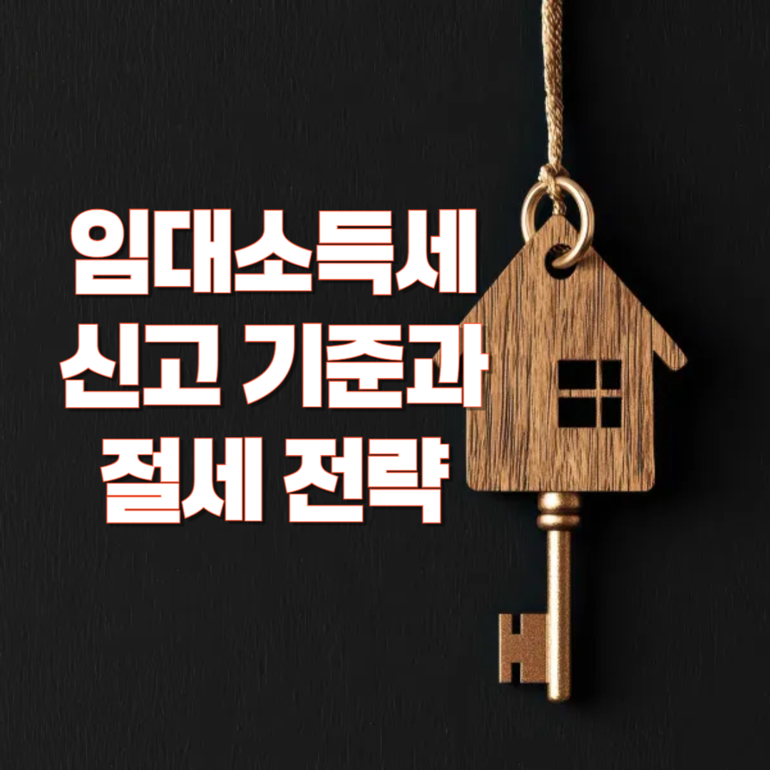 나무로 된 집 아래 열쇠로 집을 임대 하는것을 표현했고 검은 바탕에 임대소득세 신고 기준과 절세 전략 써 있음