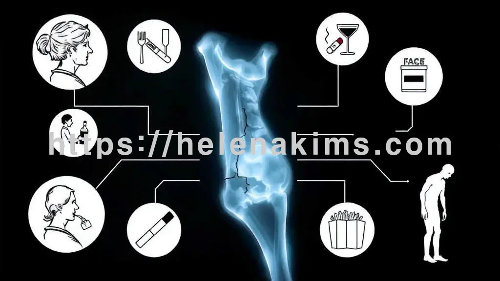 뼈의 X-레이 이미지를 중심으로, 그 주변에 골다공증 위험을 시사하는 여러 아이콘들이 유기적으로 연결된 시각적 구성. 아이콘들은 나이 든 여성의 옆모습, 담배, 술잔, 빈 칼슘 약병, 구부정한 사람의 실루엣, 패스트푸드 등을 포함하며, 각 요소들이 뼈에 미치는 부정적 모습.