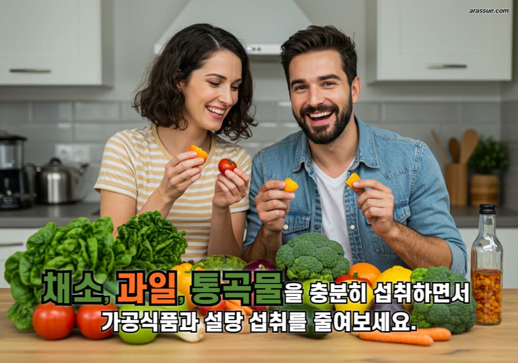채소, 과일, 통곡물을 충분히 섭취하면서 가공식품과 설탕 섭취를 줄여보세요.
