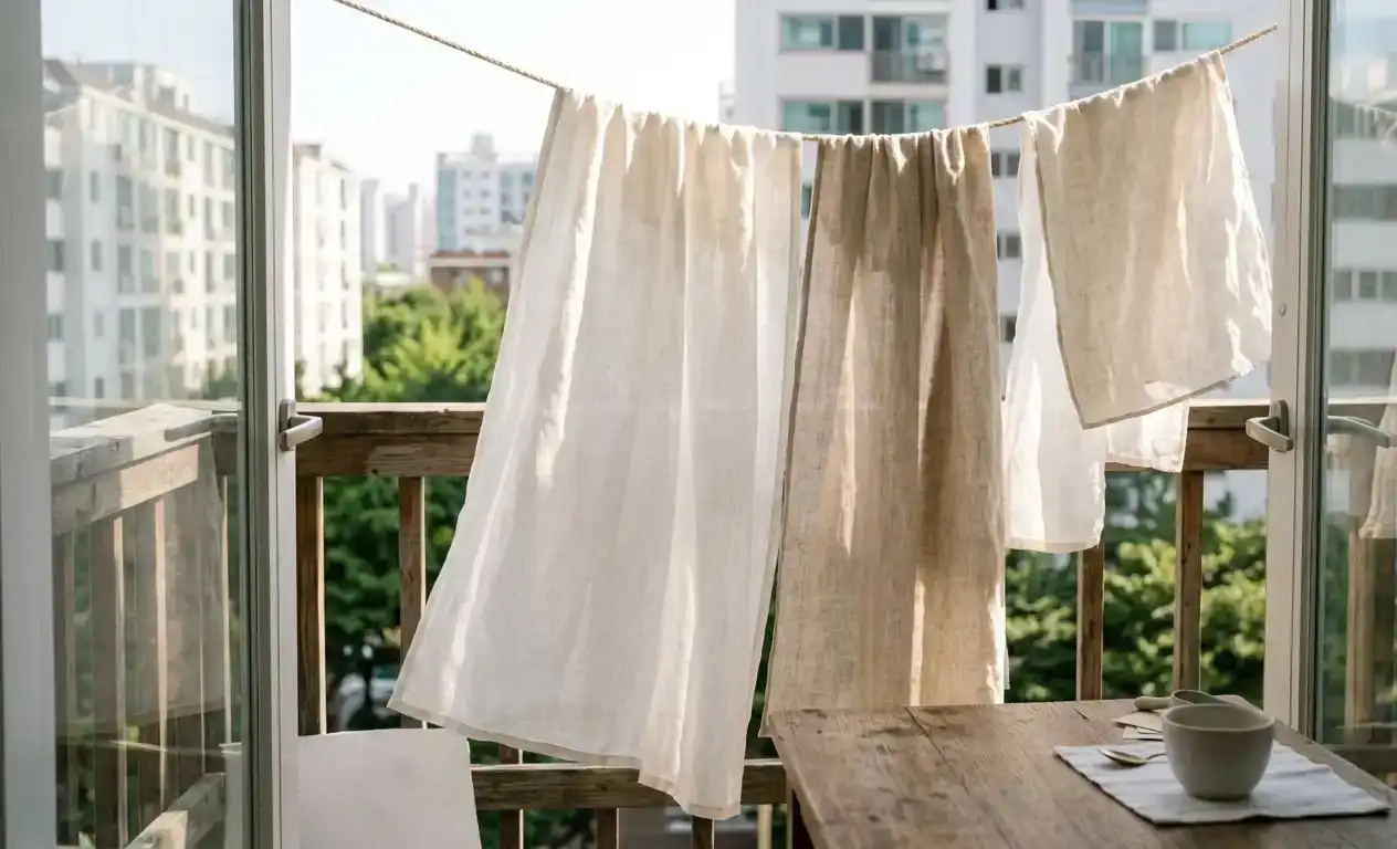 햇살과 바람에 건조 중인 옥수수 전분 풀을 살짝 먹인 리넨 천