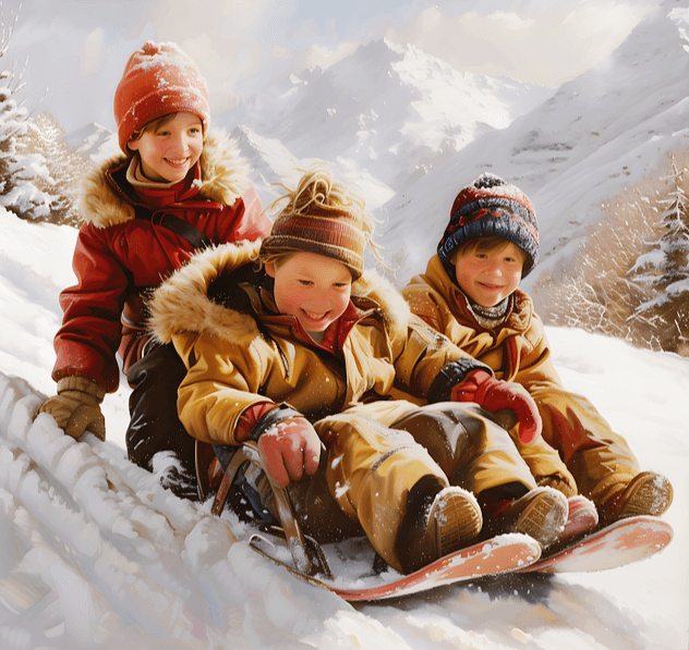 비탈진 눈밭에서 여자아이와 남자아이 2명이 썰매에 앉아 타고있다.