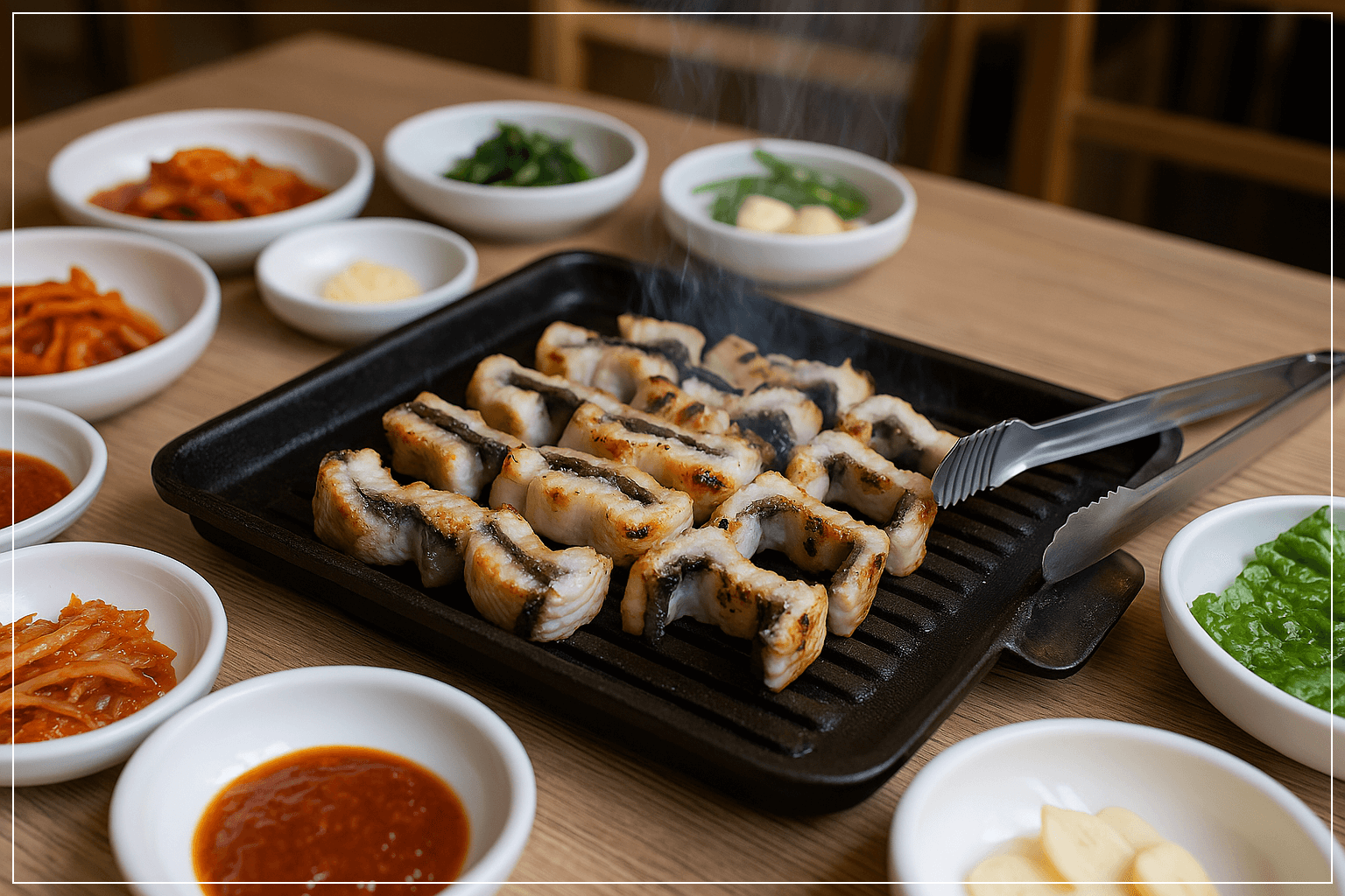 숯불에 구워지는 고창 풍천장어와 한상차림