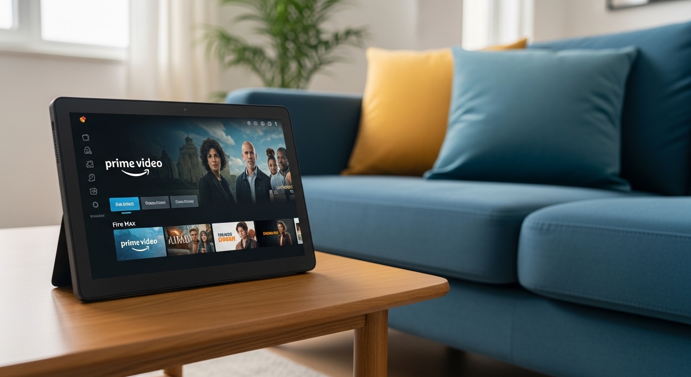 편안한 소파 옆 커피 테이블에 놓인 아마존 파이어 맥스 11. 화면에는 아마존 프라임 비디오 인터페이스가 보여 콘텐츠 소비에 최적화된 모습을 나타낸다.