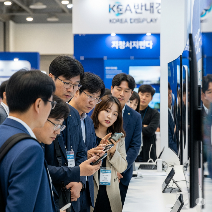 한국디스플레이산업전시회에서 최신 디스플레이 기술을 살펴보는 한국인 방문객들