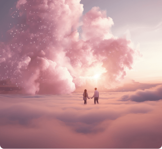 분홍색 배경의 구름 위에 서있는 남녀