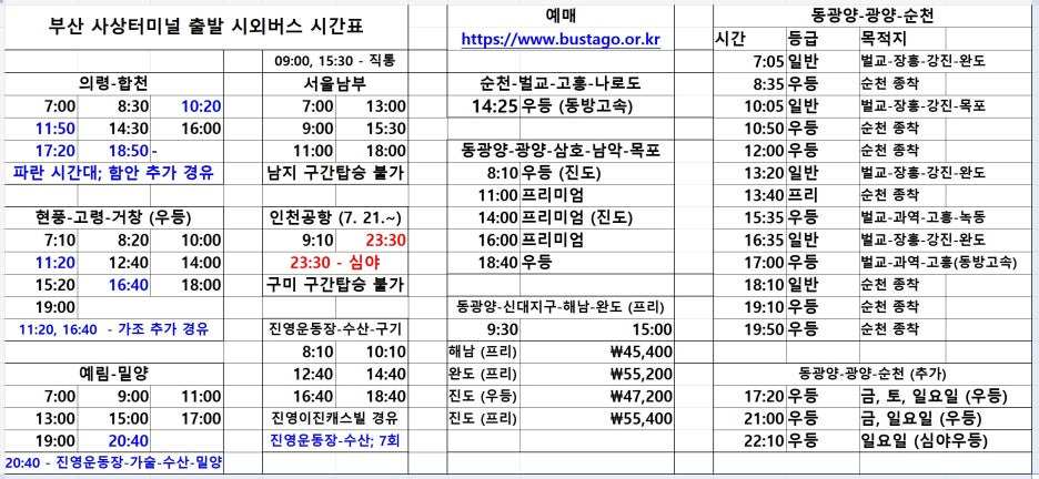 부산사상터미널 시외버스 시간표 2 (합천, 거창, 서울남부, 순천 등)