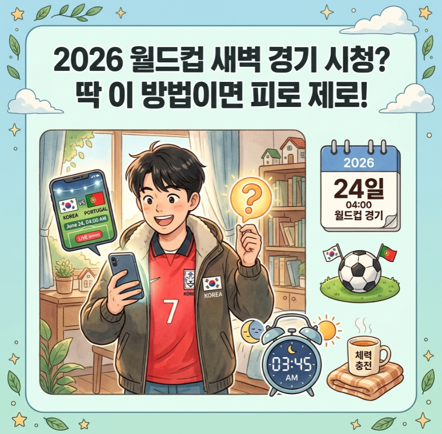 2026 월드컵 한국 경기 일정을 스마트폰으로 확인하는 축구 팬 일러스트