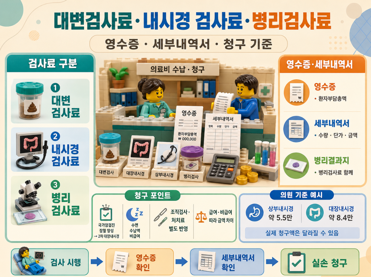 대변검사료, 내시경 검사료, 병리검사료와 영수증, 세부내역서, 실손 청구 기준을 정리한 레고 스타일 의료 인포그래픽