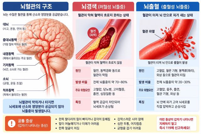 뇌혈관 구조와 뇌경색·뇌출혈의 차이를 비교한 그림