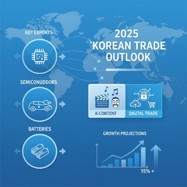 2025년 한국의 주요 수출 품목(반도체, 전기차, K-콘텐츠)과 디지털 무역의 성장을 시각적으로 보여주는 인포그래픽