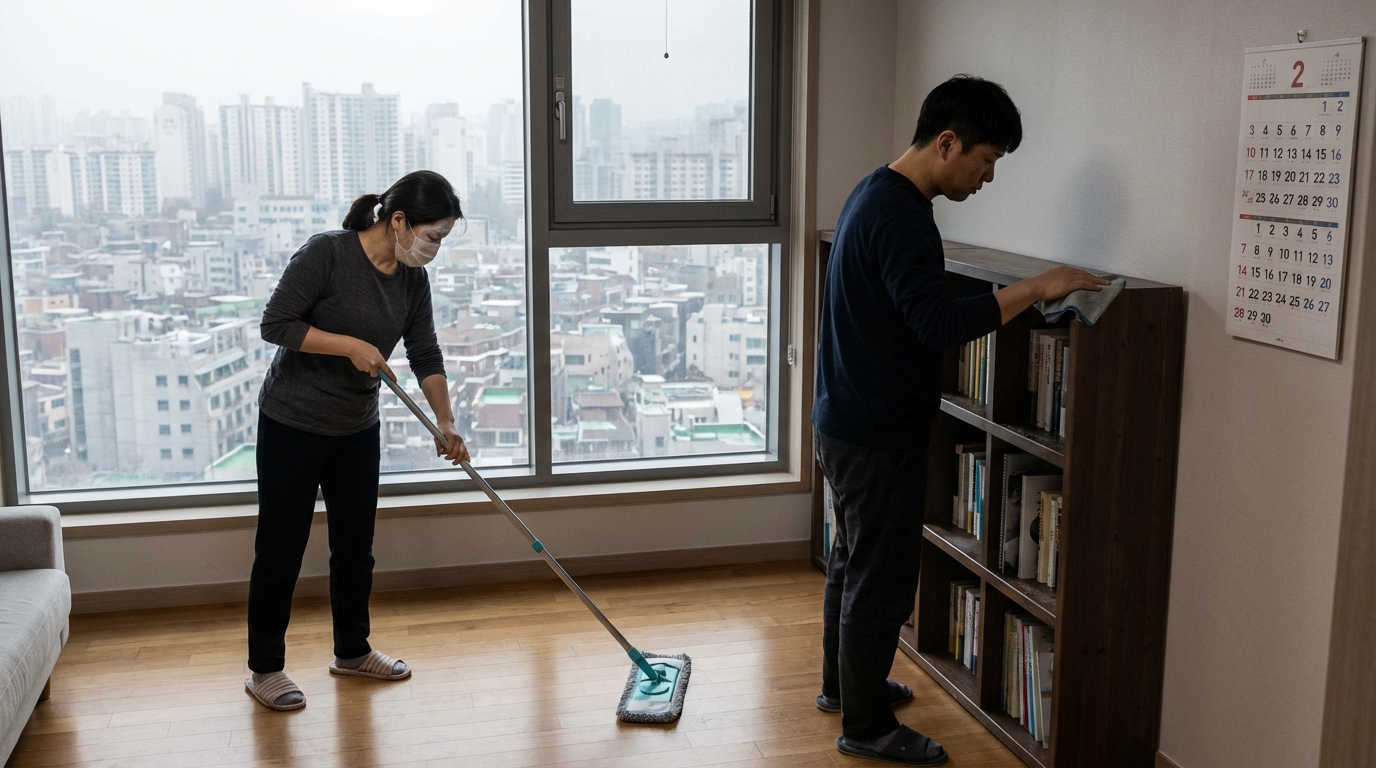화재 연기 유입 후 실내에 쌓인 미세 분진을 젖은 걸레로 닦아내는 모습