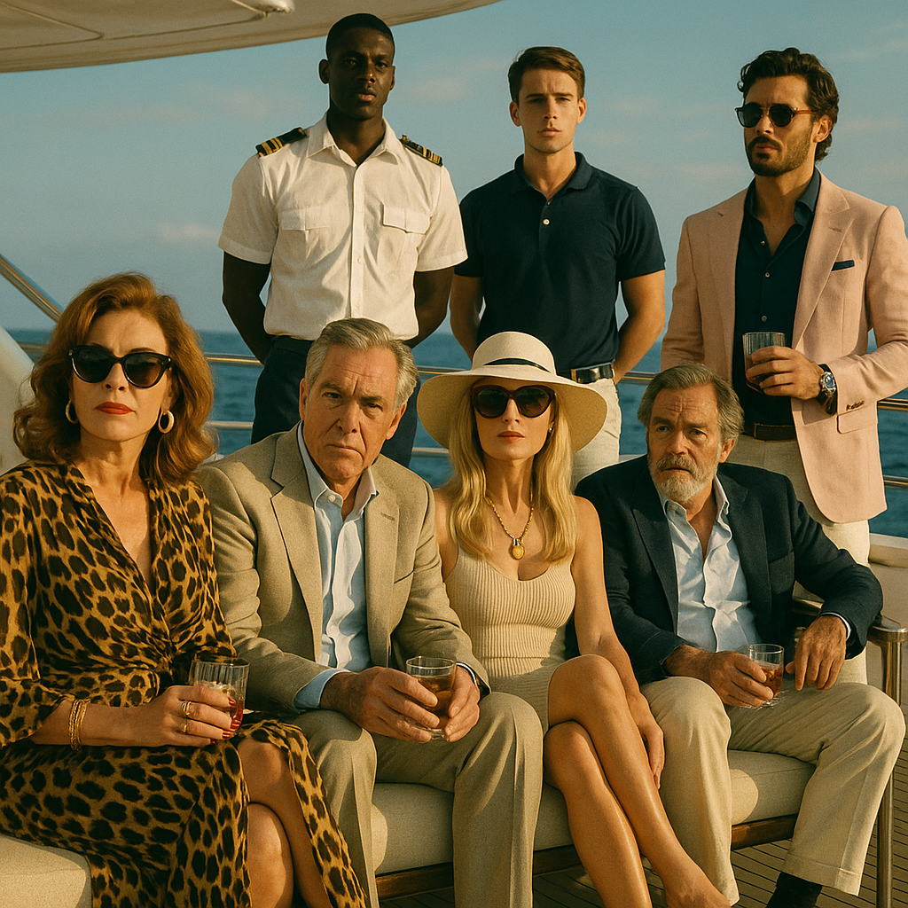 럭셔리 요트 위에 모여 있는 부자들과 승무원들 사진