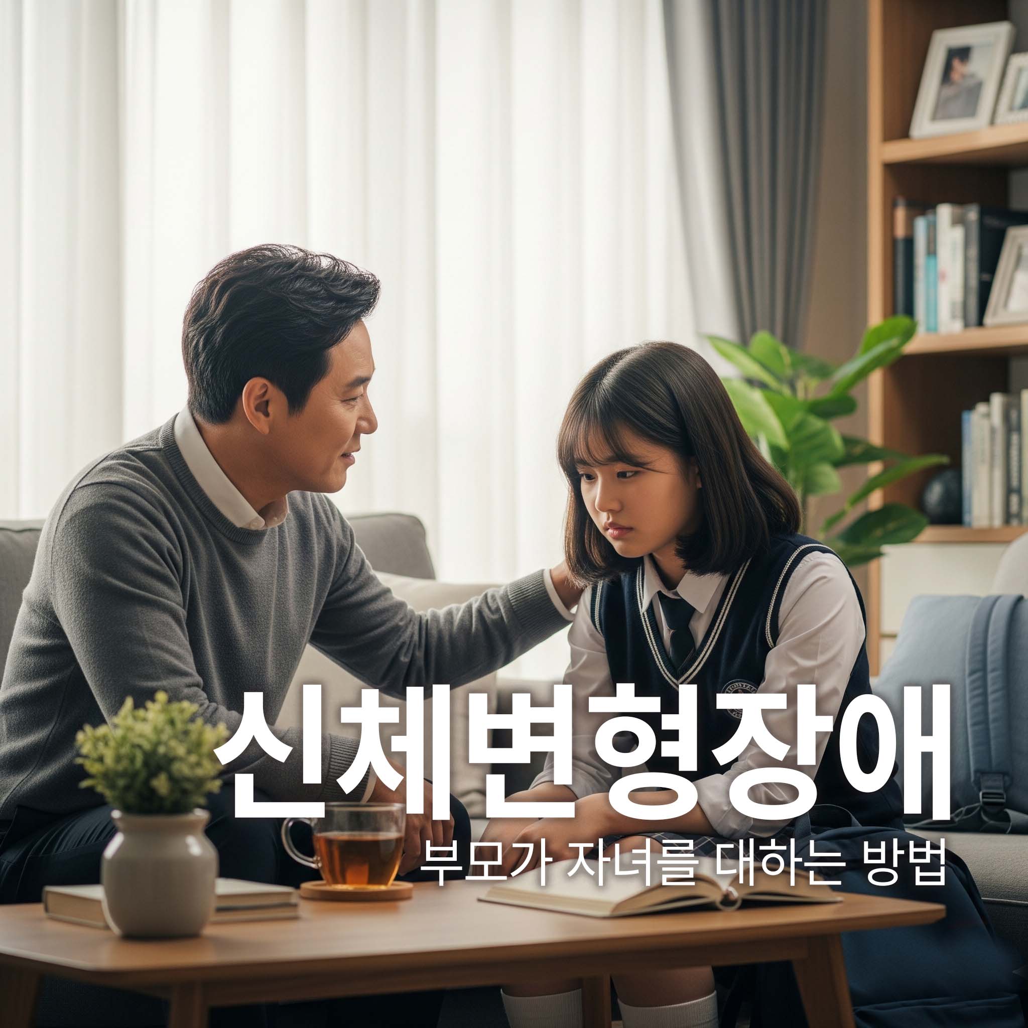 부모가 자녀의 신체변형장애에 대한 고민을 경청의 자세로 들어주고있다