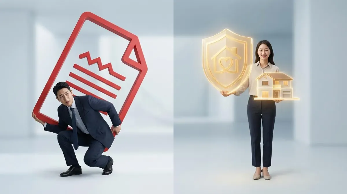 한도 부족으로 고금리 신용대출을 받는 상황과 주기형 주담대로 안전하게 한도를 방어하는 상황 비교