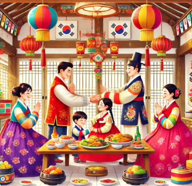 설날에 가족이 함께 모인 사진